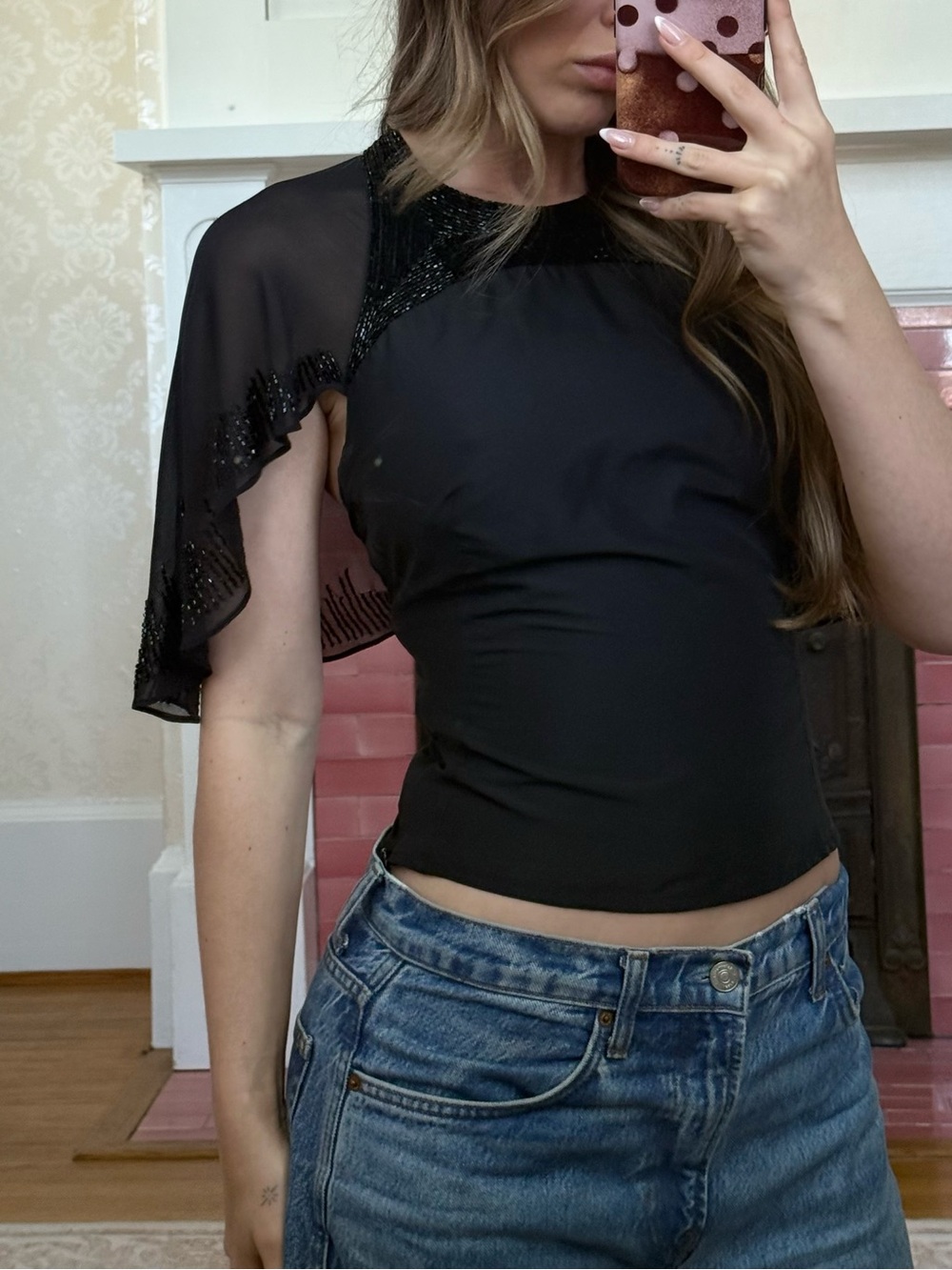 French Connection Black Sheer Cape-Sleeve Blouse